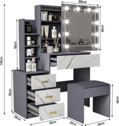 Dressing Table With Led Lights Mirror & Stool, Vanity Makeup Table, 4 Drawer 3 Shelves Storage Unit Cosmetic Bedroom Dresser Make - thumbnail 2
