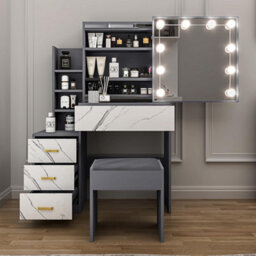 Dressing Table With Led Lights Mirror & Stool, Vanity Makeup Table, 4 Drawer 3 Shelves Storage Unit Cosmetic Bedroom Dresser Make - thumbnail 3
