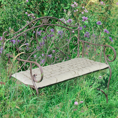 Dibor Vintage Brown Scrolled Iron Outdoor Garden Furniture Bench With Grey Bench Cushion - image 1