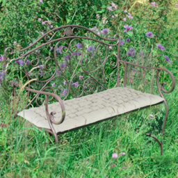Dibor Vintage Brown Scrolled Iron Outdoor Garden Furniture Bench With Grey Bench Cushion - thumbnail 1