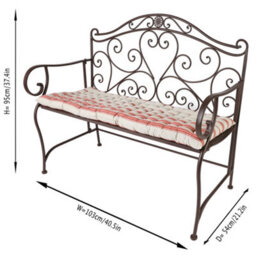Dibor Vintage Brown Scrolled Iron Outdoor Garden Furniture Bench With Grey Bench Cushion - thumbnail 5