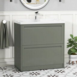 Royal Bathrooms Elmore 800mm Floor Standing 2 Drawer Cabinet Bathroom Vanity Unit With Traditional Ceramic Basin Sink - Matt Green - thumbnail 1