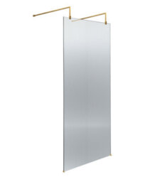 Balterley Shebdon Contemporary Bathroom 8mm Fluted Glass Wetroom Screen With Arms & Feet, 2091 X 770 X 1000mm, Brushed Brass - thumbnail 1