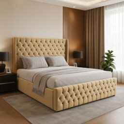 Adore Designs Chesterfield Winged Plush Velvet Ottoman Storage Bed, With Footboard - 5Ft Kingsize - Coffee - thumbnail 1