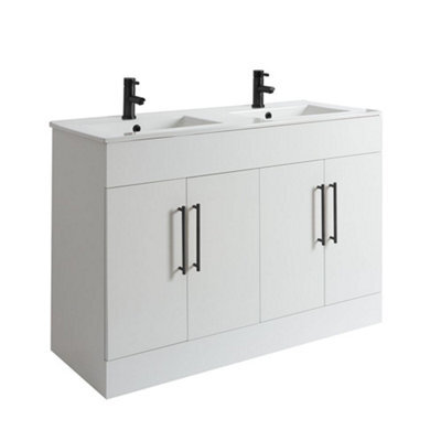HomeStyleStore 1210mm White Floorstanding Bathroom Vanity Unit Double Basin and Black T Bar Handles - image 1