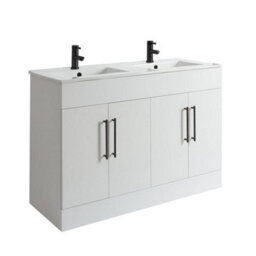 HomeStyleStore 1210mm White Floorstanding Bathroom Vanity Unit Double Basin and Black T Bar Handles - thumbnail 1