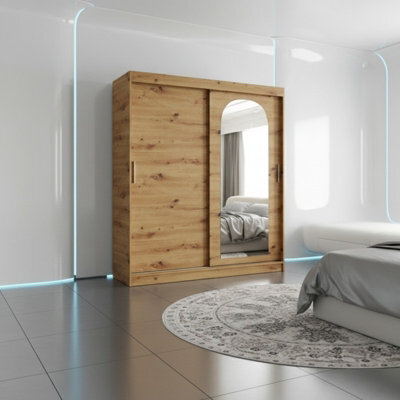 Selfie 180Cm Sliding Wardrobe 2 Door With Mirror Modern Bedroom And Living Room Storage Closet 180Cm Width Artisanoak With Drawers - image 1