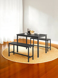 Vasagle Dining Table With 2 Benches, Set Of 3, Kitchen Table, 2 Dining Room Benches, Steel Frame, Ash Black And Ink Black