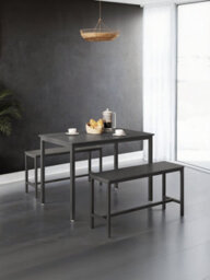 LEDREM Dining Table With 2 Benches, Set Of 3, Kitchen Table, 2 Dining Room Benches, Steel Frame, Ash Black And Ink Black - thumbnail 3