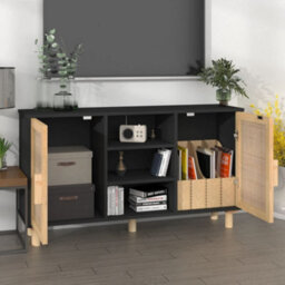 Vidaxl Sideboard Black 105X30X60 Cm Solid Wood Pine And Natural Rattan - thumbnail 3