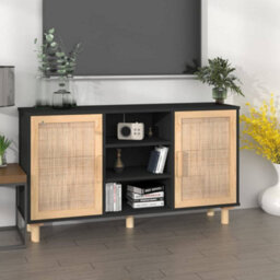 Vidaxl Sideboard Black 105X30X60 Cm Solid Wood Pine And Natural Rattan - thumbnail 1