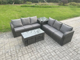 Fimous Outdoor Lounge Sofa Set Rattan Garden Furniture Set With Rectangular Coffee Table 2 Small Footstool Dark Grey Mixed - thumbnail 2