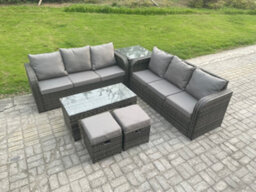 Fimous Outdoor Lounge Sofa Set Rattan Garden Furniture Set With Rectangular Coffee Table 2 Small Footstool Dark Grey Mixed - thumbnail 1