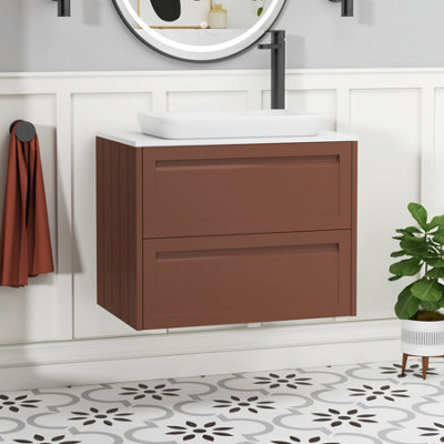 Royal Bathrooms Royal Bathroom Elmore 700mm Terracotta Clay Wall Mounted Bathroom Vanity Unit 2 Drawer Plain White Worktop With Qubix Basin - image 1
