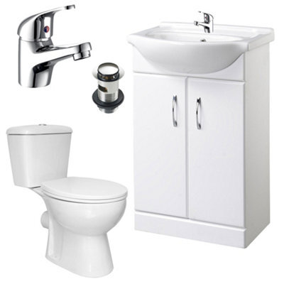 FNX Bathrooms Bubly Bathrooms™ Modern 550mm White Gloss Vanity Unit, Ceramic Basin & Close Coupled Wc Toilet With Chrome Tap & Waste Set - image 1