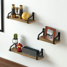 Living And Home 3Pcs Rustic Floating Storage Shelves Metal Wood Wall Shelf Set Display Rack Brackets - thumbnail 3
