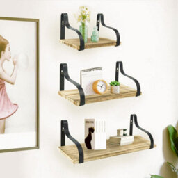 Living And Home 3Pcs Rustic Floating Storage Shelves Metal Wood Wall Shelf Set Display Rack Brackets - thumbnail 1