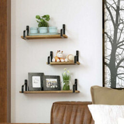 Living And Home 3Pcs Rustic Floating Storage Shelves Metal Wood Wall Shelf Set Display Rack Brackets - thumbnail 2