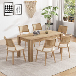 Matteo Set Of 6 Beige Bamboo Dining Chairs With Rattan Effect Backrest & Pu Seat - thumbnail 2