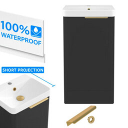FNX Bathrooms Bathroom Cloakroom Vanity Unit Compact Basin Sink Black 400mm Soft Close Cabinet - Brushed Gold Handle - thumbnail 1