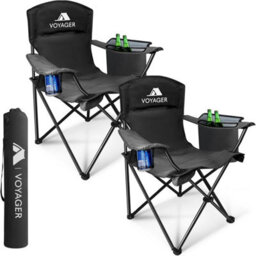 Voyager Folding Camping Chairs 2 Pack With Cooler Bag, Lightweight Q195 Steel Frame, 600D Oxford Fabric, Portable - Black - thumbnail 1