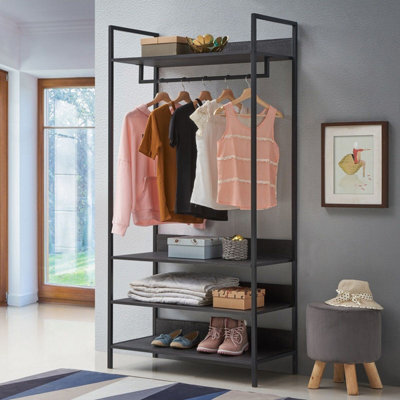 Timber Art Design Zahra Bedroom Double Open Wardrobe 4 Shelves Furniture Storage Cupboard Black - image 1