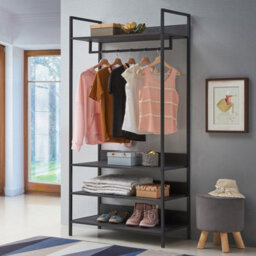 Timber Art Design Zahra Bedroom Double Open Wardrobe 4 Shelves Furniture Storage Cupboard Black - thumbnail 1