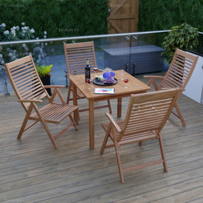 Outdoor Teak 5 Piece Dining Set With 4 Reclining Chairs And Square Table - Easy, Quick Assembly - image 1