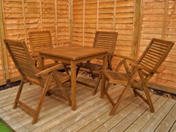 Outdoor Teak 5 Piece Dining Set With 4 Reclining Chairs And Square Table - Easy, Quick Assembly - thumbnail 2
