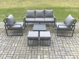 Fimous Aluminium 7 Seater Outdoor Lounge Sofa Set Garden Furniture Sets With Coffee Table 2 Chairs 2 Small Footstools Dark Grey - thumbnail 2