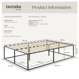 Tectake Bed Frame Kyoto - Steel Frame, Flexible Slats, Storage Space & 250 Kg Load Capacity 140 X 200 Cm -  46.5 Cm -  Black - thumbnail 6