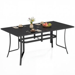 Costway Patio Dining Table For 6 With Umbrella Hole Outdoor 160Cm Rectangle Metal Slat Table