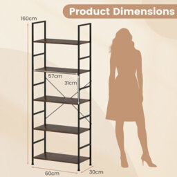 Costway 5-Tier Bookshelf 160 Cm Tall Bookcase With Industrial Shelves & Metal Frame - thumbnail 2