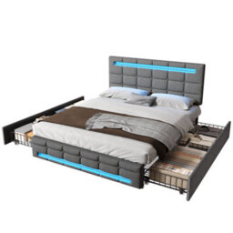 Btm 4Ft6 Double Upholstered Bed With Led Lighting And Storage Drawers Linen Fabric Button Tufted Headboard Grey No Mattress - thumbnail 9