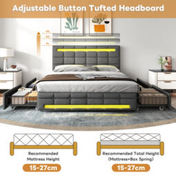 Btm 4Ft6 Double Upholstered Bed With Led Lighting And Storage Drawers Linen Fabric Button Tufted Headboard Grey No Mattress - thumbnail 5