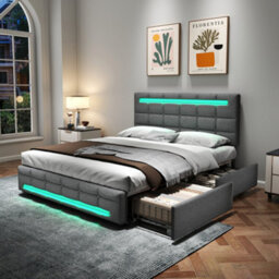 Btm 4Ft6 Double Upholstered Bed With Led Lighting And Storage Drawers Linen Fabric Button Tufted Headboard Grey No Mattress - thumbnail 2