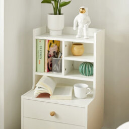 Sobuy Fbt100-W, Modern Bedside Table With Drawers & Open Shelves, Nightstand With Pine Wood Legs,white,w43Xd36Xh81 - thumbnail 4
