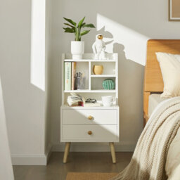 Sobuy Fbt100-W, Modern Bedside Table With Drawers & Open Shelves, Nightstand With Pine Wood Legs,white,w43Xd36Xh81 - thumbnail 2