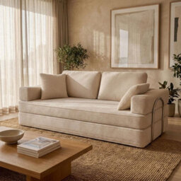 Flex Cream 3 Seater Compressed Sofa Bed Cord Boneless Cloud Couch Foam Pocket Spring - thumbnail 1