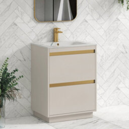 Royal Bathrooms Orion 600mm Warm Taupe 2 Drawer Floor Standing Vanity Unit With Carrara White Basin & Brushed Brass Accent Trim - thumbnail 6
