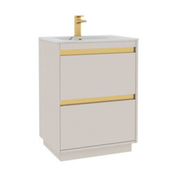 Royal Bathrooms Orion 600mm Warm Taupe 2 Drawer Floor Standing Vanity Unit With Carrara White Basin & Brushed Brass Accent Trim - thumbnail 7