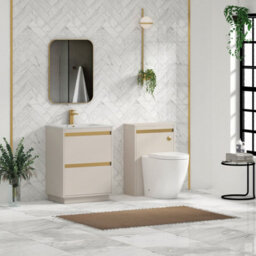Royal Bathrooms Orion 600mm Warm Taupe 2 Drawer Floor Standing Vanity Unit With Carrara White Basin & Brushed Brass Accent Trim - thumbnail 3