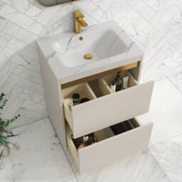 Royal Bathrooms Orion 600mm Warm Taupe 2 Drawer Floor Standing Vanity Unit With Carrara White Basin & Brushed Brass Accent Trim - thumbnail 4