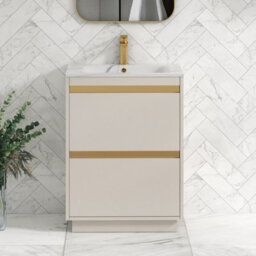 Royal Bathrooms Orion 600mm Warm Taupe 2 Drawer Floor Standing Vanity Unit With Carrara White Basin & Brushed Brass Accent Trim