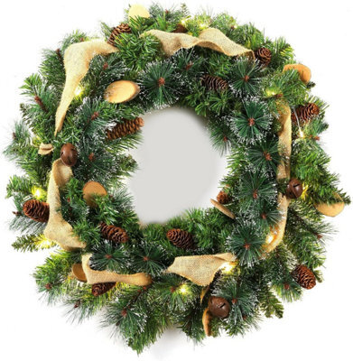 24 Inch Christmas Wreath Decorative Christmas With Light Door Winter Pine Cone (Hessian Bell Wood) - image 1