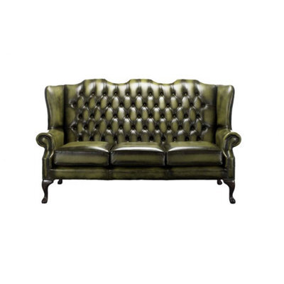 Chesterfield 3 Seater High Back Antique Olive Leather Sofa In Mallory Style - image 1