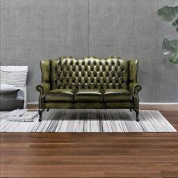 Chesterfield 3 Seater High Back Antique Olive Leather Sofa In Mallory Style - thumbnail 3
