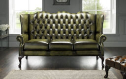 Chesterfield 3 Seater High Back Antique Olive Leather Sofa In Mallory Style - thumbnail 2
