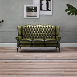 Chesterfield 3 Seater High Back Antique Olive Leather Sofa In Mallory Style - thumbnail 4