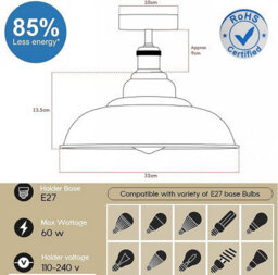 Modern Semi Flush Mount Ceiling Light E27 Vintage Metal Lampshade 32Cm Easy Fit Fixture For Office Kitchen Hallway - thumbnail 3